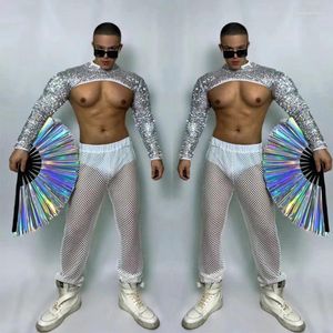 Stage Wear Muscle Man Pole Dance Vêtements Gogo Costume Argent Paillettes Top Mesh Pantalon Festival Hommes Rave Outfit Clubwear XS5052