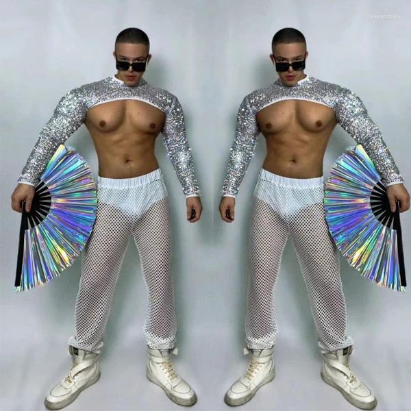 Escenario desgaste musculoso hombre pole dance ropa gogo traje plata lentejuelas top malla pantalones festival hombres rave traje clubwear xs5052