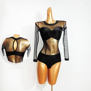 Vêtements de scène vêtements de danse Standard nationaux femmes Sexy maille transparente une pièce Costumes latins combinaison pratique DN7123