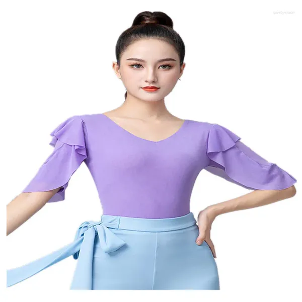 Scary Wear Standard Standard Modern Dance Tops Women's V's Women Wallroom Vêtements Lotus Sleeve Ladys Latin Costumes