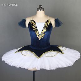 Podiumkleding Marineblauw fluwelen lijfje met 7 lagen geplooide tule pannenkoek Tutu Professioneel balletdanskostuum voor volwassen meisjes BL256y