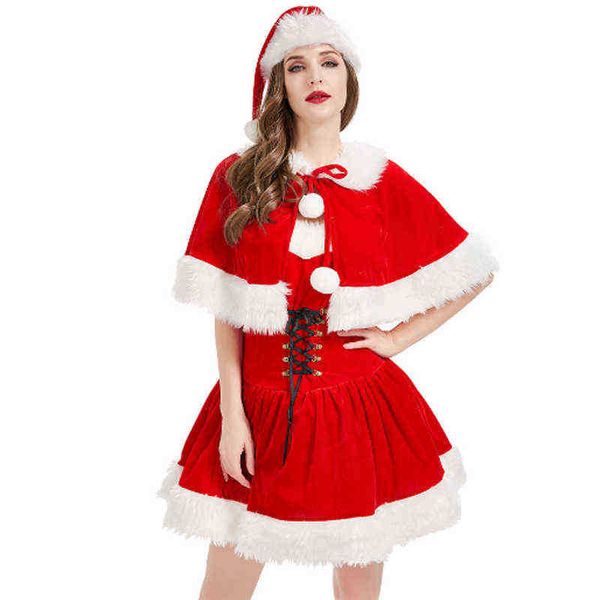 Stage Wear NOUVELLE Mode Lady Santa Claus Xmas Come Velvet Plume Shrug Châle Noël Rouge Costume Cosplay Carnaval Fête Déguisement T220901