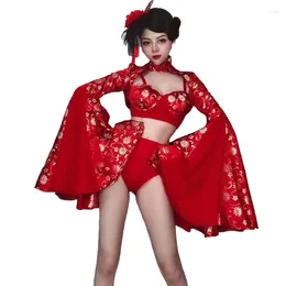 Stage Wear Discothèque Bar DJ Femmes Style Chinois Rouge Big Manches Bikini Costume Chanteur Leader Danseur Sexy Performance Vêtements