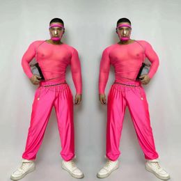 Stage Wear Nightclub Bar Pink Transparante Tops Pants Dans Kostuum mannelijke DJ Dancer Sexy Performance Party Farty Show Clubwear