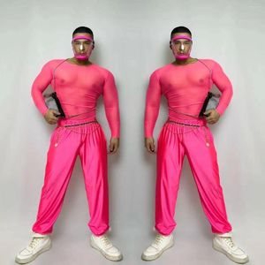 Stage Wear Nightclub Bar Pink Transparante Tops Pants Dans Kostuum mannelijke DJ Dancer Sexy Performance Party Farty Show Clubwear