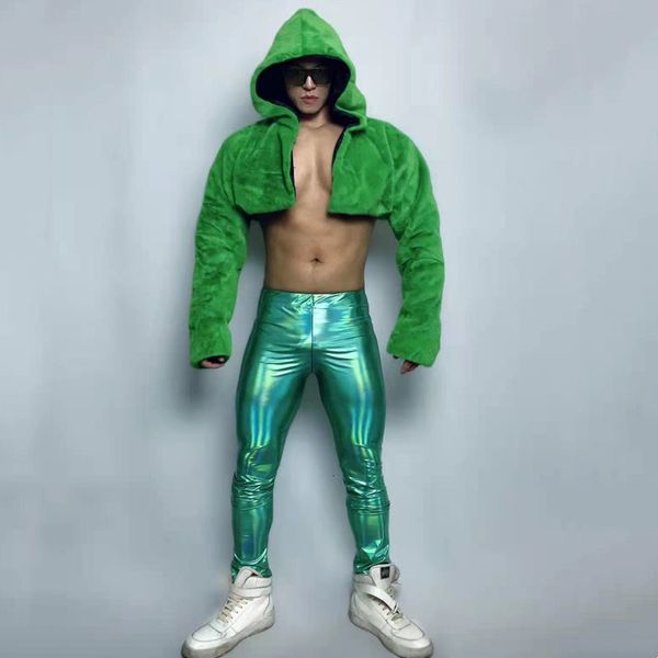 Stage Wear Discothèque Bar Sexy DJ Gogo Dance Costume Homme Danseur Party Show Rave Festival Vêtements Vert Manteau En Fausse Fourrure Pantalon En Cuir 221201