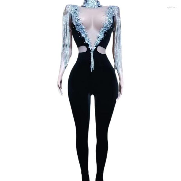 Desgaste de la etapa Club nocturno Dj Party Pole Dance Outfit Sparkly Fringes Shoulder Full Rhinestone Jumpsuit Mujeres Sexy Gogo Daner Costume XS6084