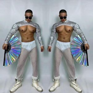 Stage Wear Nightclub Gogo Dance Kostuum Sexy pailletten Tops Mesh Pants Rave Outfit Muscle Man Pole Dancing Dissing Kleding Hip Hop Dancewear VDB5815