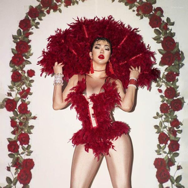 Stage Wear Discothèque Ouverture Gogo Dance Costume Red Feather Fan Stretch Combinaison Pole Dancing Vêtements Rave Festival Vêtements VDB1934