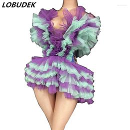 Stage Wear Nightclub Party Singer Dancer Mesh Tutu Mini Jurken Splice Color Ball Gown Dance Costume Women Performance Kleding
