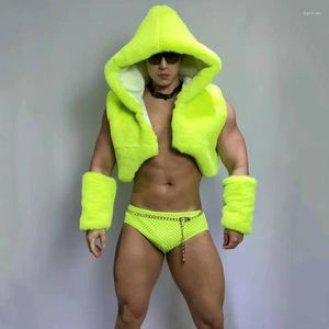Stage Wear Nightclub Sexy DJ Gogo Dance Costume Male team Dancer Fluorescent Green Faux Fur Hooded Vest Shorts Cuff Rave Outfits
