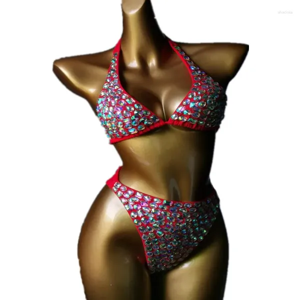 Stage Wear Discothèque Sexy Rouge Rose Strass Bikini Rave Outfit Femmes DJ Dancer Party Pole Dance Costume Show Crystal Bra Shorts Set