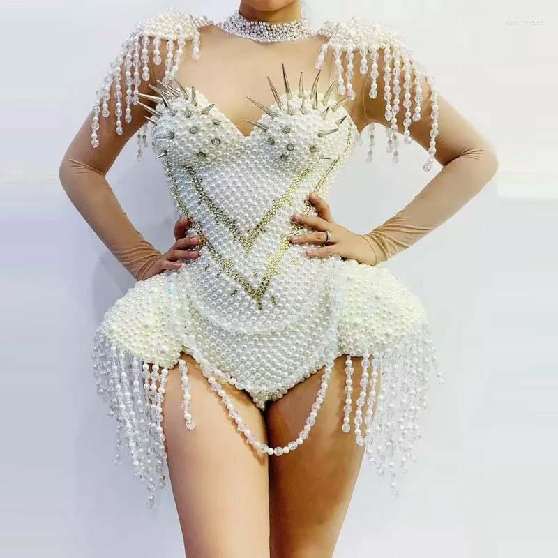 Stage Wear Nightclub Show zanger Dance kralen franjes Rhinestone Pearl Rivet Fashion Bodysuit Mesh transparant feest jumpsuit kostuum