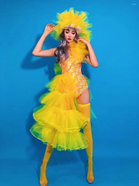 Etapa desgaste club nocturno mujeres bailarina equipo sexy dj gogo traje irregular amarillo malla body vestido festival rave performance bar
