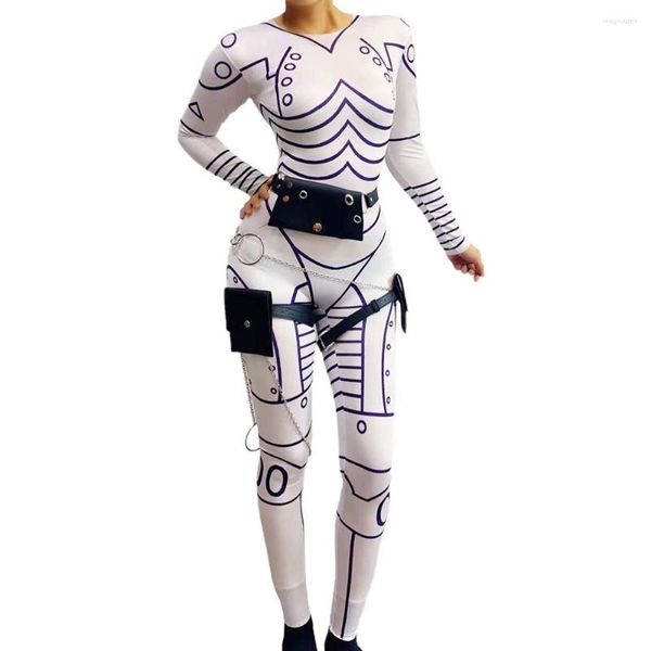 Desgaste de la etapa Novedad Robot Punk Style Bodysuits Blanco Impreso Mujeres Stretch Jumpsuit Halloween Masquerade Christmas Carnival Costume