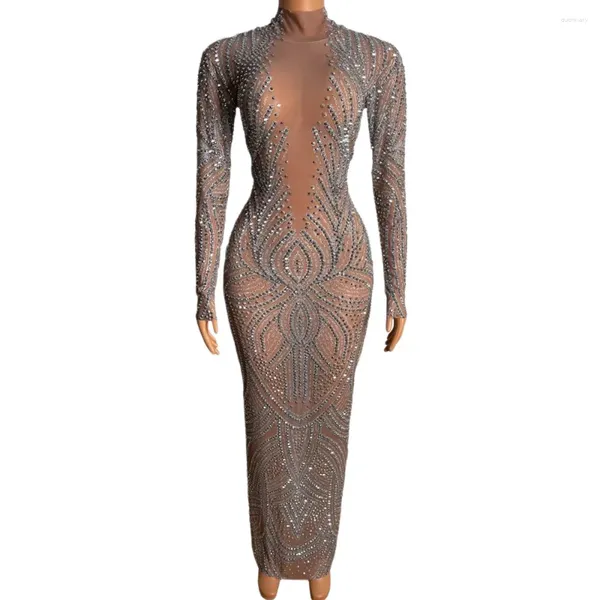 Desgaste del escenario Desnudo y negro Rhinestones brillantes Cristal Vestido largo sexy para mujeres Fiesta Noche Ropa de celebridades Ropa de baile de salón