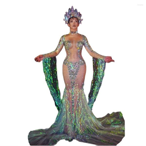 Scène Porter Nude Cristal Brillant Strass Gland Avec Coiffe Sexy Femmes Robe Défilé De Mode Festival Rave Tissu Costumes