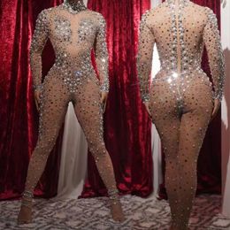 Stage Wear Nude Manches longues Perles brillantes Strass Miroir Paillettes Sexy Combinaisons pour femmes Discothèque DJ Vêtements Costumes de bal