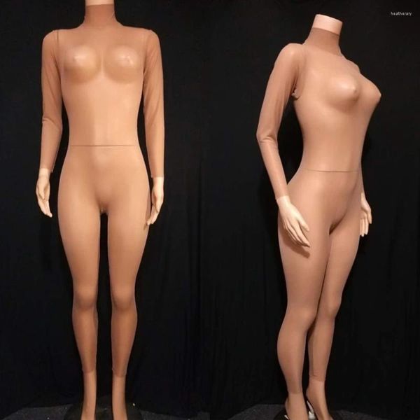 Stage Wear Nude Perspective Col Haut Manches Longues Combinaisons Sexy Pour Femmes Party Club Vêtements Chanteur Danse Costumes Serrés