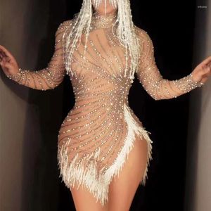Stage Draag naakt glanzende strass Tasel Pearls Sexy Split Dress voor vrouwen