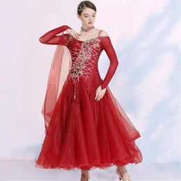 Stage Wear Off-Shoulder Flying Yarn Sequins Big Swing Women Ballroom Dance Compepition Dress Waltz Tango Clothes Party