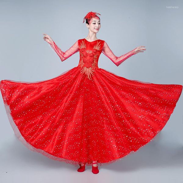 Stage Wear Ouverture Danse Pleine Jupe Moderne Adulte Femmes Robe Rouge Espagne Grand Swing Chorus Costume Costume H608