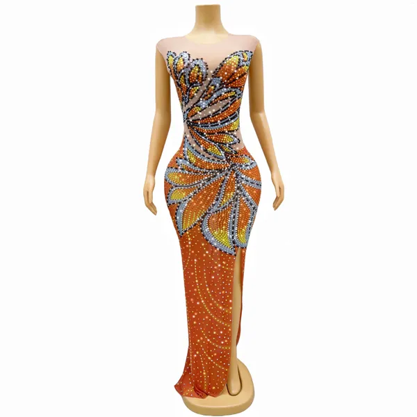 Stage Wear Orange Coloré Strass Robe sans manches Sexy Transparent Stretch Outfit Discothèque Anniversaire Dance Party Collections Fengdie