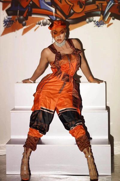 Ropa de escenario Mono naranja con sombrero para mujer Desfile de moda Modelo Ropa Hip Hop Danza Realizar disfraces Party Club viste traje rave