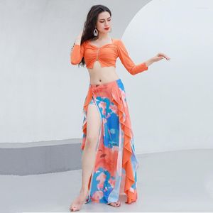Stage Wear Oriental Team Dance Costume 2 Piece Set Sexy Women Bellydance Clothes Middle Sleeve Tank Top Side Slit Long Skirt Floral French