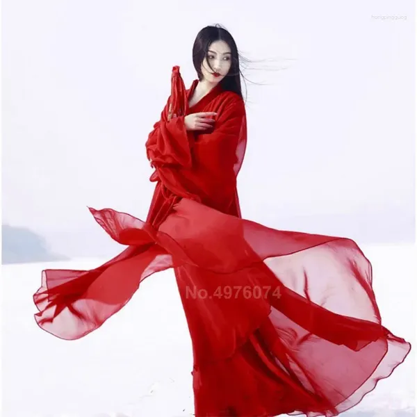 Etapa desgaste oriental tradicional chino hanfu vestido para mujeres sólido rojo talla grande gasa trajes de baile folclórico femenino vintage tang traje
