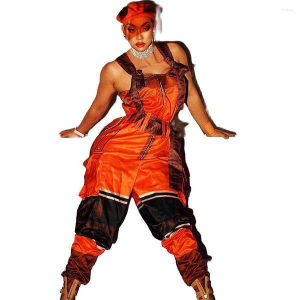 Vêtements de scène salopette avec bretelles motif impression sans manches Performance vêtements Club Costume pour femmes discothèque spectacle de danse