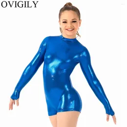 Stadiumkleding OVIGILY Meisjes Glanzende Coltrui Biketards Met Duimgaten Kinderen Rode Gymnastiek Maillots Korte Unitard Body Prestaties