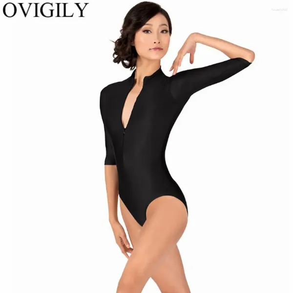 Ropa de escenario OVIGILY Cremallera frontal para mujer 3/4 Leotardo de manga larga para gimnasia Niñas Baile negro Leotardos Body Spandex Cuello alto