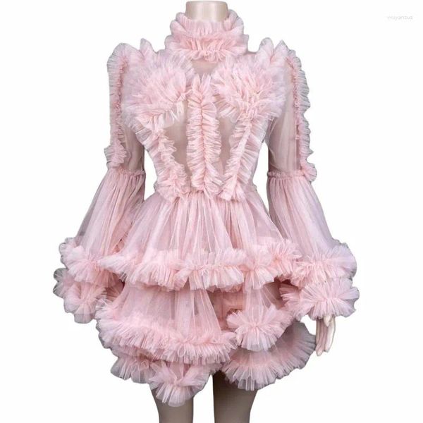 Stage Wear Party Rose Gaze Transparent Bulle Robe Courte Danseur Chanteur Sexy Anniversaire Célébrer Bal Po Shoot Costume