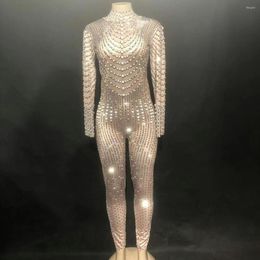Tenue de scène perle strass rayé dos nu combinaison femmes à manches longues brillant Costume fête soirée danse discothèque tenue