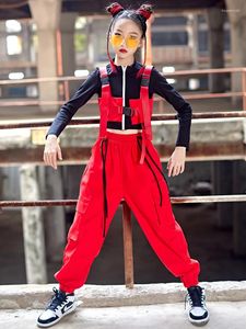Escenario desgaste ropa rendimiento niños chaleco pantalones moda calle kpop 2024 niñas jazz baile traje mangas largas tops rojo hip-hop
