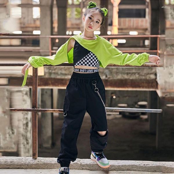 Costume de performance sur scène Vêtements rave Hip Hop Girls Green Long Manches Tops Black Pants Jazz Practice Concert