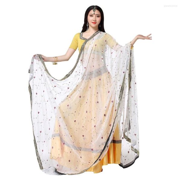 Vêtements de scène Performance femmes vêtements de danse du ventre brodés à la main Costume Bollywood 4 pièces ensemble (haut ceinture jupe Sari)