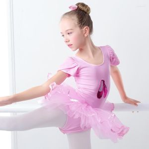 Ropa de escenario Vestido de ballet rosa para niñas Niños Tutu Lentejuelas Danza Niño Manga corta Princesa Disfraces hinchados