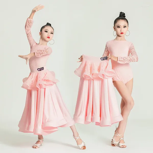 Stage Wear Costume de danse de salon rose filles dentelle justaucorps jupe robe de compétition valse tango danse performance vêtements VDB7486
