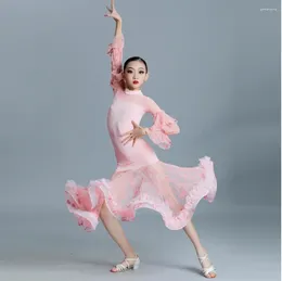 Robe de danse de salon rose pour filles Costume de compétition de danse de tango body maille couture jupe Costume valse vêtements de danse
