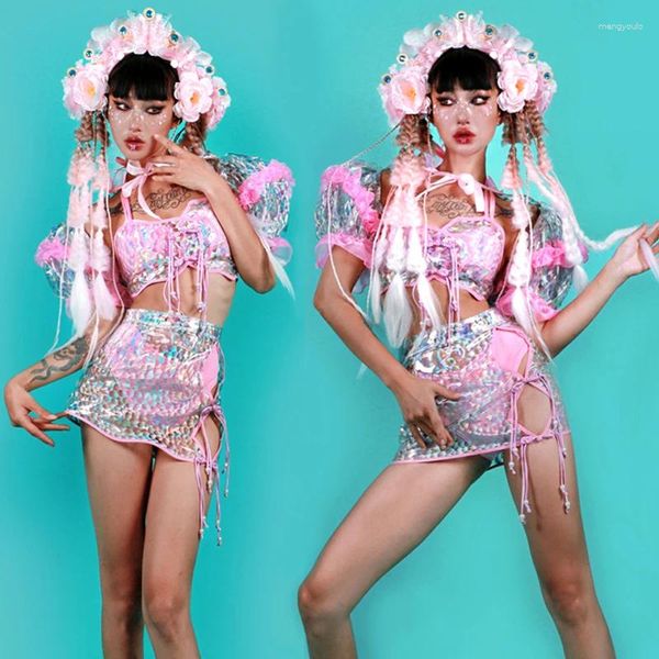Stage Wear Rose Fantasy Transparent Top Jupe Femmes Dj Pole Dance Vêtements Gogo Costume Rave Outfit Performance Clubwear XS6759
