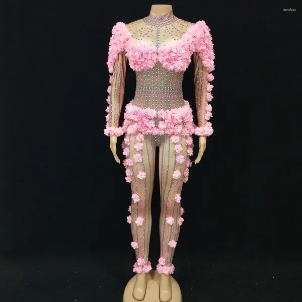 Stage Wear Fleurs Roses Strass Élastique Serré À Manches Longues Combinaison Mode Fête D'anniversaire Célébration Barboteuses Chanteur Bar Costume De Danse