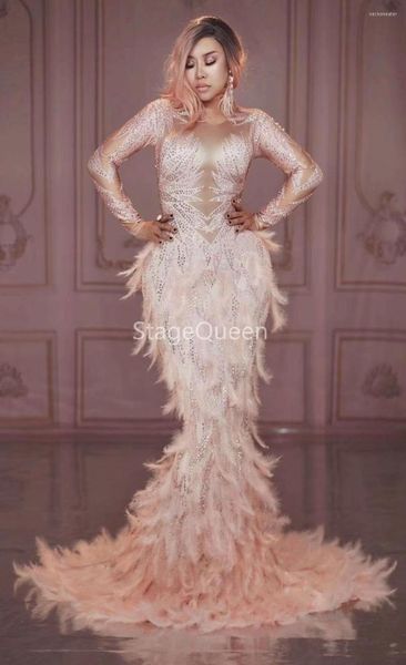 Stage Wear Pink Full Rhinestones Feather Dress Long Vening Party Dresses Celebrate Costicador Performance Leotard atuendo