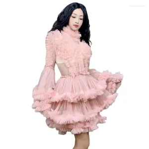 Stage Wear Rose Gaze Mesh Bubble Robe courte Chanteur Transparent Costume Femmes Sexy Fête d'anniversaire Bal Soirée Po Shoot