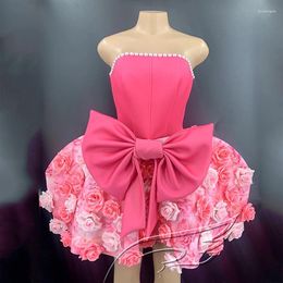Stage Wear Dress Pink Rose para mujeres Bownot Birthding Birthding Bubble Borth Press Party Cosplay Gogo DJ Costume