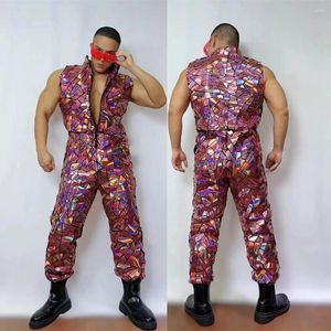 Stage Wear Pink Silver Laser Mirror Mouwloze Jumpsuit Male vrouwen Hip Hop Dancer Groups Sequins Rompers Festival Party Dance kostuum