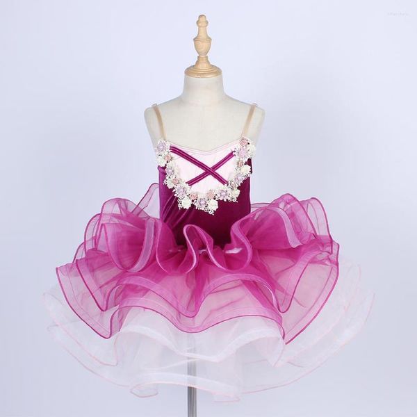 Desgaste de la etapa Pink Velvet Flower Ballet Tricot Performance Dance Dress Competencia profesional