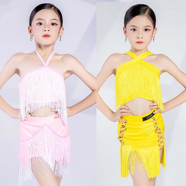 Vêtements de scène rose jaune licou glands haut jupes filles Costume de danse latine robe compétition pour enfants vêtements de danse XS6260