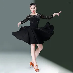 Etapa desgaste más tamaño moderno sexy negro vestido de baile latino rendimiento femenino otoño e invierno encaje taladro práctica traje